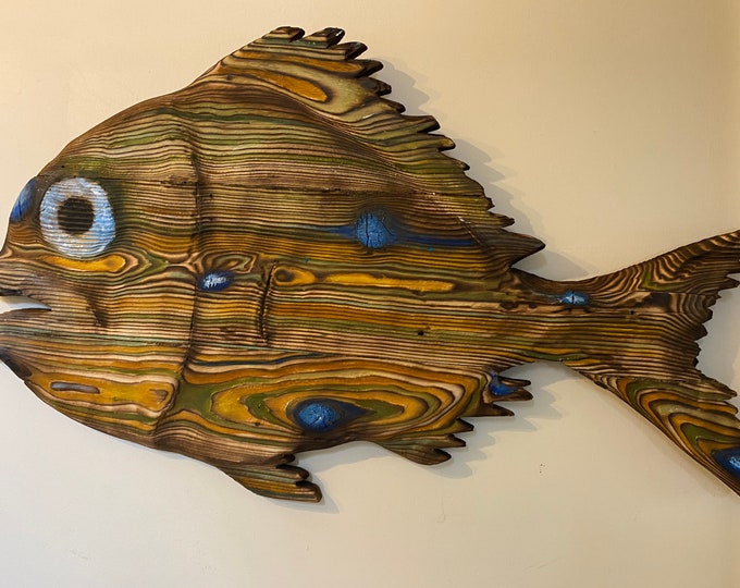 Unique wooden fish sculpture reclaimed wood fish figurine coastal home decor wall hanging fishermen christmas gift