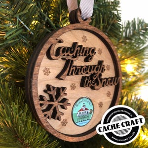 Geocaching Pathtag Wooden Holder Christmas Ornament