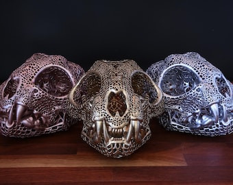 Filigree Bobcat Skull Replica – Gothic Resin Sculpture, Multiple Colours Free World Wide Delivery.