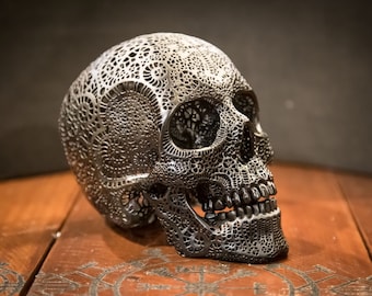filigree Human Skull in black or white - Large high quality hand made piece - Resin Printed - FREE delivery world wide!