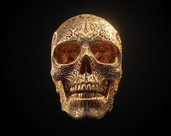 May include: A detailed, golden skull sculpture with an intricate, openwork design. The skull's eye sockets and nasal cavity are visible, and the teeth are clearly defined. The background is a solid black.