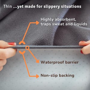Blue GRIPME waterproof blanket 100x70cm 39x28in flat lay showing full dimensions, non-slip grip-dot intimacy mat, period protection bed cover, machine washable