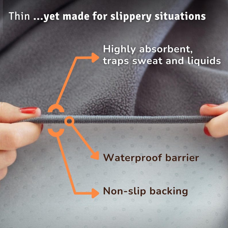 Blue GRIPME waterproof blanket 100x70cm 39x28in flat lay showing full dimensions, non-slip grip-dot intimacy mat, period protection bed cover, machine washable