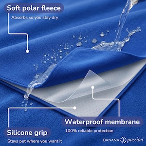 Banana Passion GRIPME 100x70cm product features infographic, 100% waterproof polar fleece, non-slip silicone grip dots, machine washable, fast drying blanket for couples