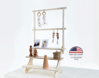 Pebble Step Hanging, wooden shelf, tiered display, retail display, collapsible stand, market stall, retail shelves, craft fair, vendor stand