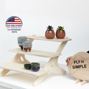 Pebble Step W, wooden shelf, tiered display, retail display, collapsible stand, market stall, retail shelves, craft fair, vendor stand
