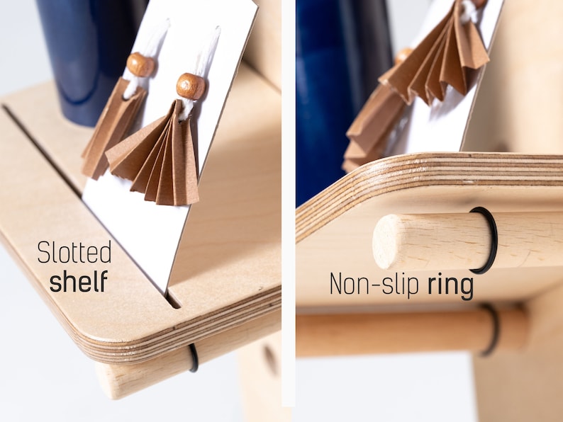 May include: A wooden jewellery stand with a slotted shelf and a non-slip ring. The stand is made of light wood and has a natural finish.