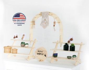 Pebble Step Bridge, wooden shelf, tiered display, retail display, collapsible stand, market stall, retail shelves, craft fair, vendor stand