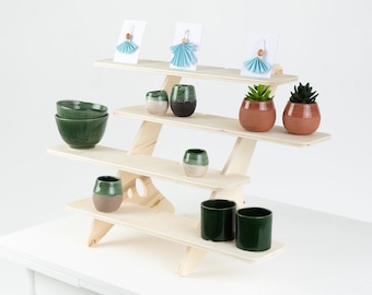 Pebble Step H, wooden shelf, tiered display, retail display, collapsible stand, market stall, retail shelves, craft fair, vendor stand