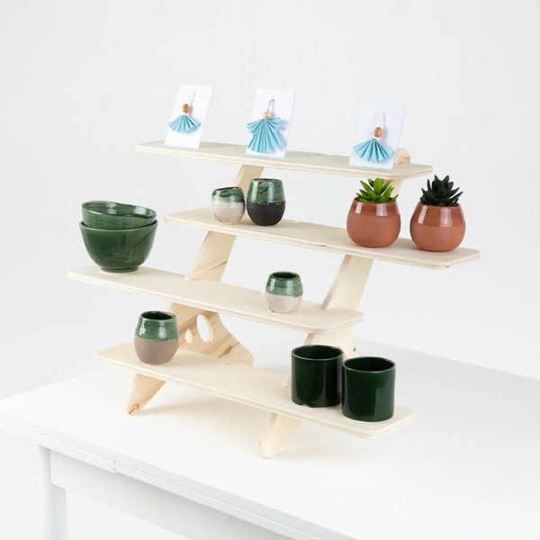 Pebble Step H, wooden shelf, tiered display, retail display, collapsible stand, market stall, retail shelves, craft fair, vendor stand