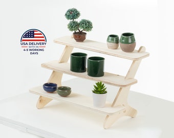 Pebble Step, wooden shelf, tiered display, retail display, collapsible stand, market stall, retail shelves, craft fair, vendor stand