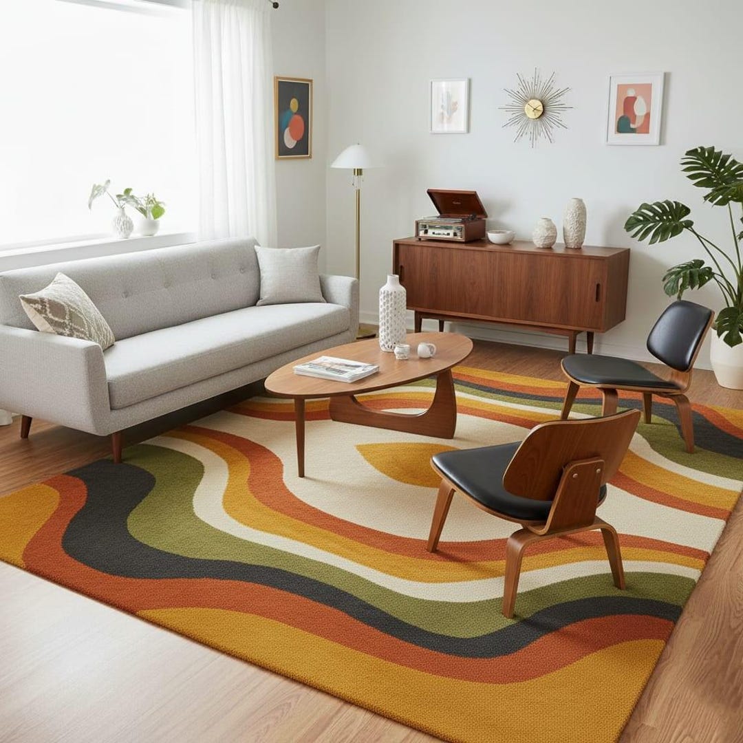 Luxury Mid Century Modern Wool Area Rug, Retro Living Room Carpet ...