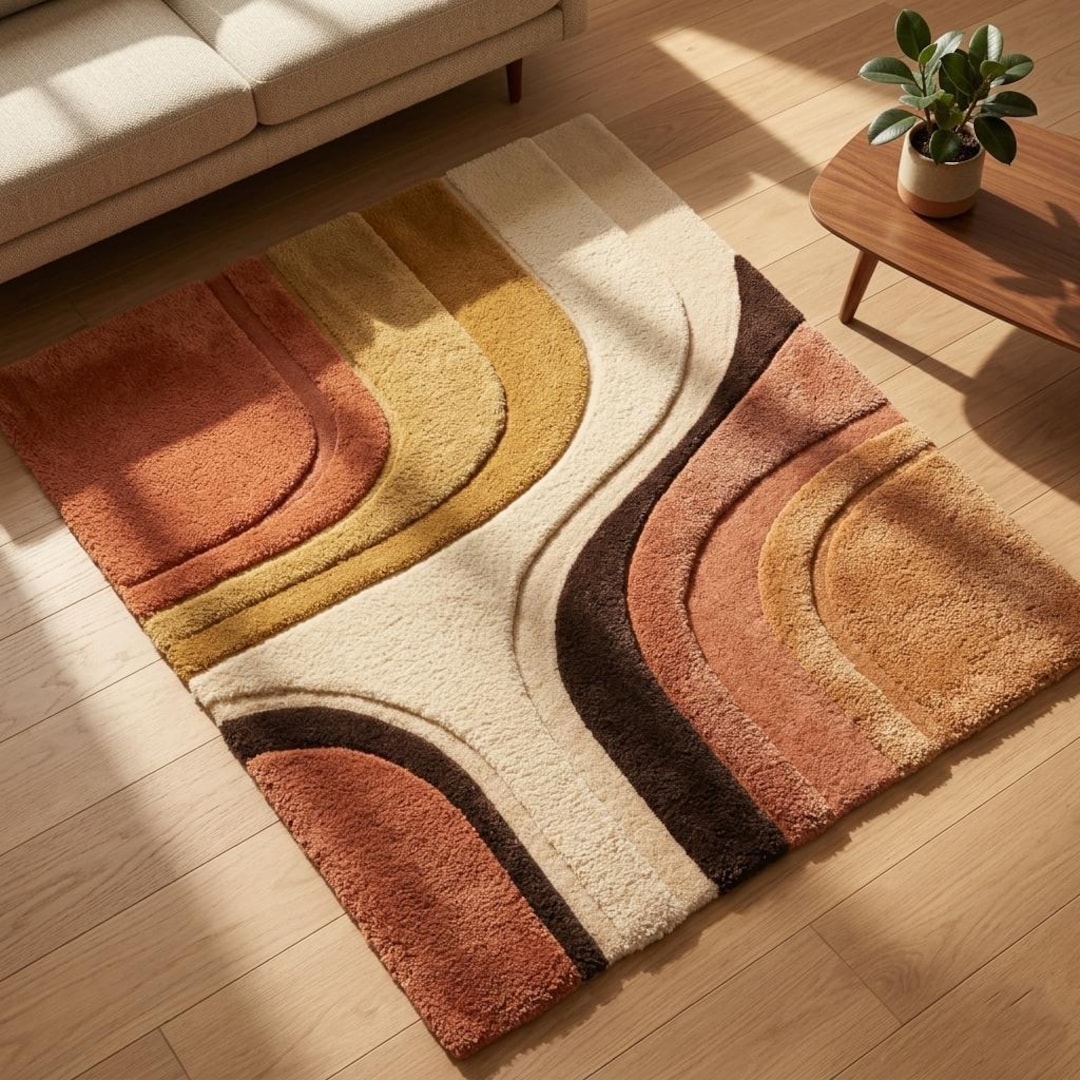 Hand Tufted Wool Rug Mid Century Modern Abstract Curved Area Carpet ...