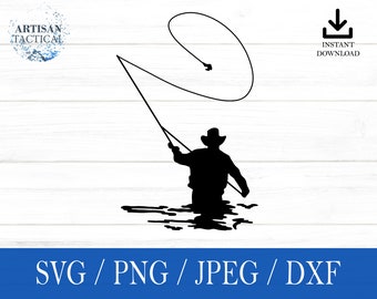 Pesca con mosca SVG, Pescador con mosca SVG, Pescado SVG, PNG, DXF, JPEG, Descarga digital, Archivo de corte, Cricut, Silueta, Glowforge, Regalo para él, Manualidades