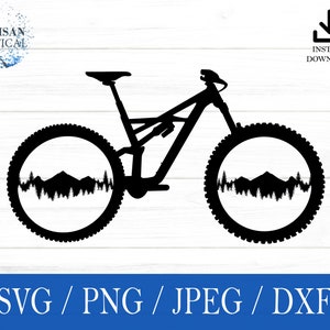 Svg VTT, montagnes SVG, vélo svg, png, dxf, jpeg, téléchargement numérique, fichier de coupe, Cricut, Silhouette, Glowforge, cadeau pour lui, créations manuelles