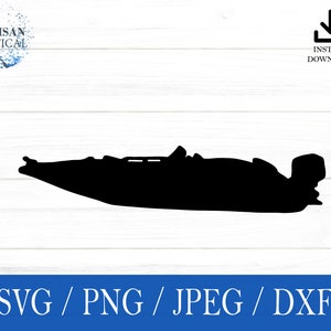 Puede incluir: Silueta negra de una lancha rápida con motor fuera de borda. La lancha está sobre un fondo de madera blanca.