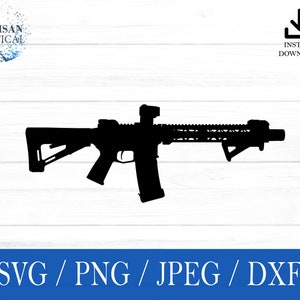 May include: Black silhouette of an AR-15 style rifle on a white wood background.  SVG, PNG, JPEG, and DXF file formats are available for download.