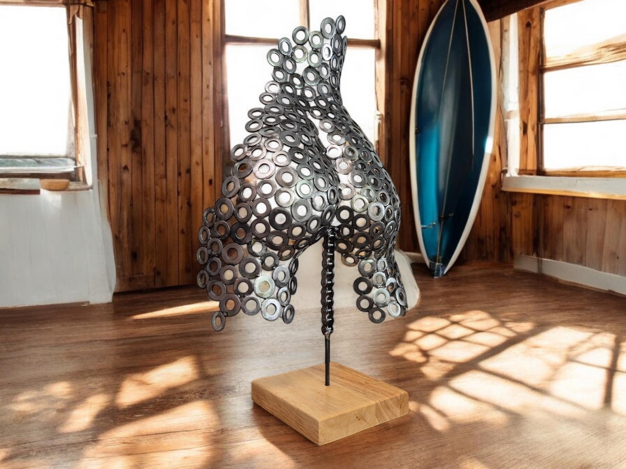 Metal Art Free standing Original Sculpture Female Form in Brushed Steel Washers - Unique Art of the Human Body on Irish Oak Base - 56cm Tall