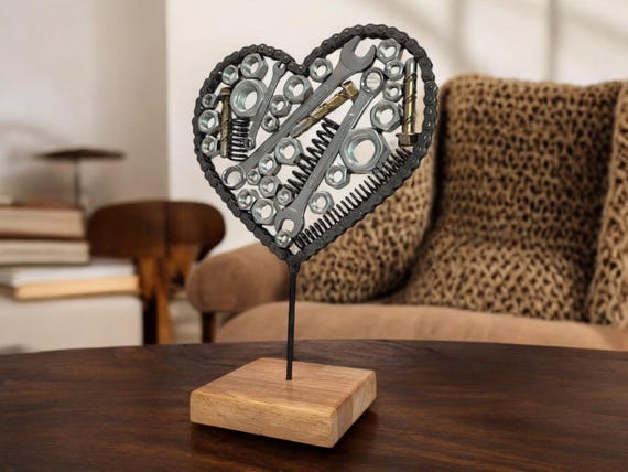 Motorcycle Chain Heart Sculpture: Welded Metal Art on Irish Oak - Etsy
