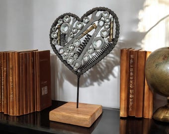 Motorcycle Chain Heart Sculpture: Welded Metal Art on Irish Oak - Etsy