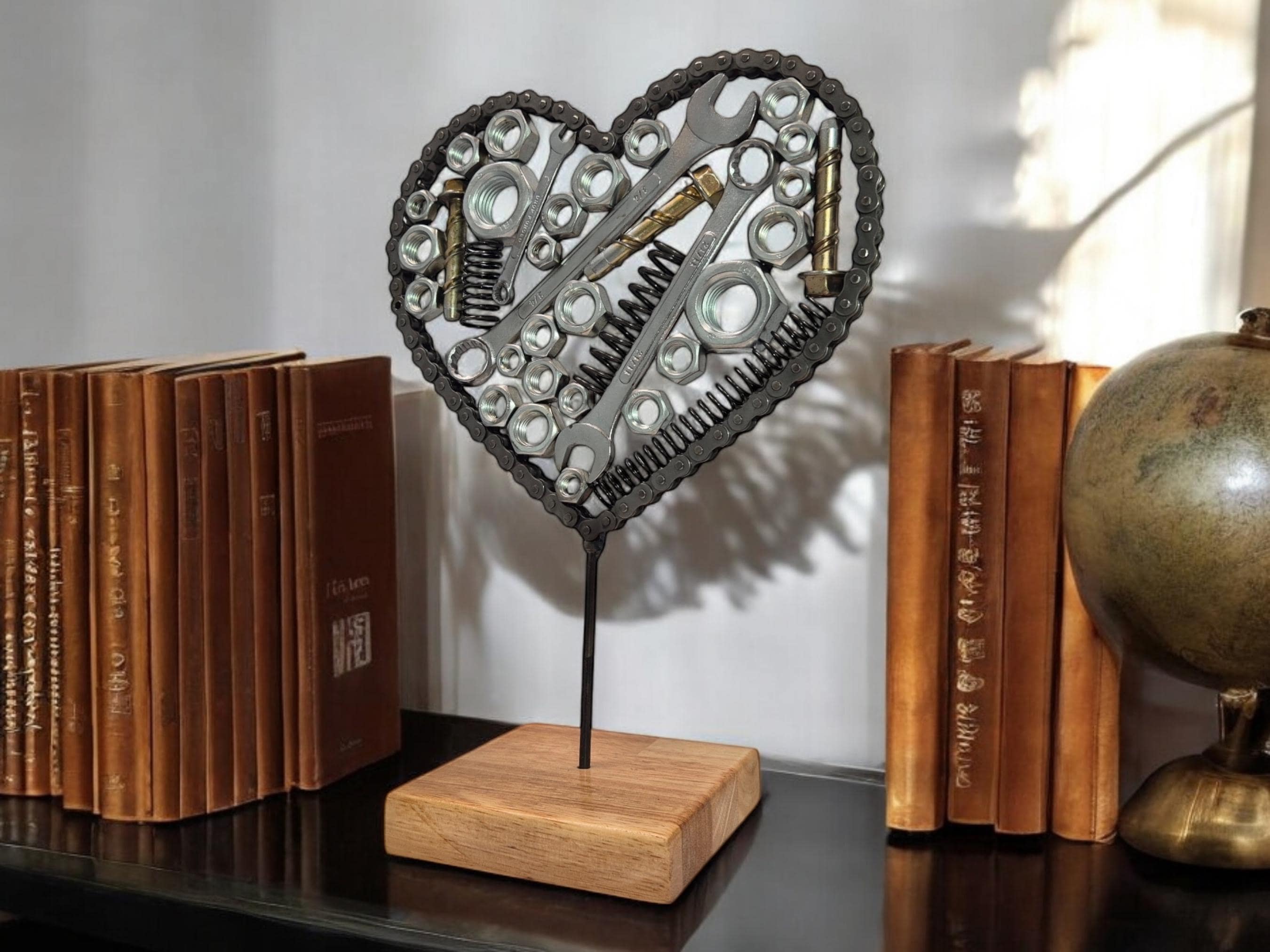 Motorcycle Chain Heart Sculpture: Welded Metal Art on Irish Oak - Etsy