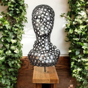 Industrial Steel Head Sculpture: Handcrafted Art on Irish Oak Base