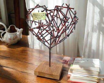 Brutalist Heart Sculpture Made from 4-Inch Brushed Steel Nails - Handcrafted Metal Art with Red Accents and Patina - Contemporary Sculptural