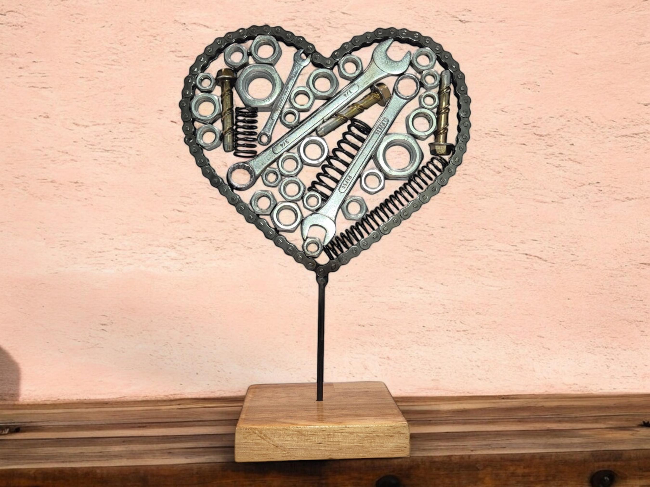Motorcycle Chain Heart Sculpture: Welded Metal Art on Irish Oak - Etsy