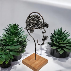 Industrial Metal Head Sculpture: Handcrafted Nuts, Bolts, and Irish Oak Art