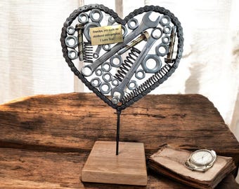 One-of-a-Kind Spare Part Heart Sculpture - Personalized with Brass Plaque - Handcrafted with Chain, Nuts, Bolts, Springs, and Spanners,
