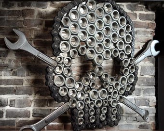 One-of-a-Kind Skull and Bones Wall Art – Handcrafted from Metal Nuts, Chains, and Spanners by Ashley Curran metal art industrial decor