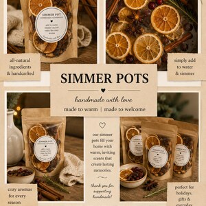 Può includere: Un set di miscele per simmer pot in buste marroni contenenti fette di arancia essiccate, bastoncini di cannella e anice stellato. Le etichette circolari riportano il testo SIMMER POT HOMEMADE GOODNESS. L'immagine mostra gli ingredienti in infusione nell'acqua e testi che promuovono ingredienti naturali, qualità artigianale e facilità d'uso per profumare la casa.