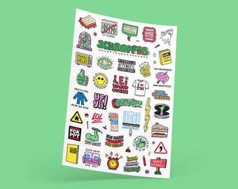 Schroffis #1, Sticker, Aufkleber, Stickerbogen, Stickersheet, DIN A5, Streetart, Straßenkunst, Grafikdesign, Sprüche, Wortwitz, Text, Design