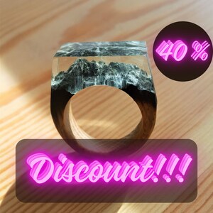 Snowy Mountain Wood Ring for Men or Women, Resin Coated Natural Wood Ring, Epoxy Jewelry