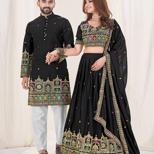 AMOSWAY Couple Pair Sequence Thread Work Designer Wedding Lehenga Choli and kurta For Wedding Function