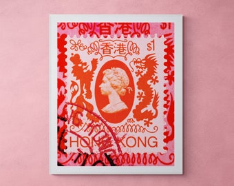 Stamp Collection Art-Hong Kong Stamp Collection Pink Wall Art- Pink Postage Stamp Fine Art Print