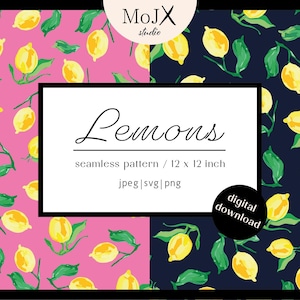 Könnte beinhalten: Digitaler Download eines nahtlosen Zitronenmusters. Das Design zeigt gelbe Zitronen mit grünen Blättern auf rosa und marineblauen Hintergründen. Der Text "Lemons" wird über den Musterdetails angezeigt, die die Größe von 30,48 x 30,48 cm enthalten.