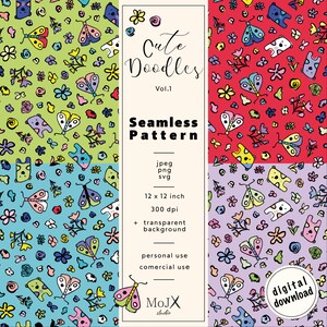 Könnte beinhalten: Ein digitaler Download mit vier nahtlosen Mustern mit farbenfrohen Kritzeleien von Schmetterlingen, Blumen und bärenartigen Kreaturen. Die Muster sind in Grün, Rot, Blau und Lila gehalten. Das Bild enthält den Text "Cute Doodles" und "Seamless Pattern".