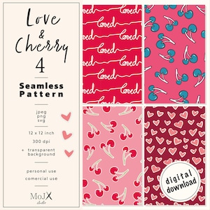 Könnte beinhalten: Vier digitale nahtlose Muster mit Kirschen, Herzen und dem Wort "loved" in einer handschriftlichen Schriftart. Die Muster sind in Rosa, Rot und Burgunderrot.