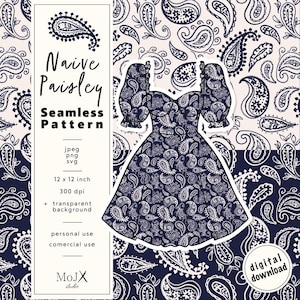 Könnte beinhalten: Ein nahtloses Muster mit einem paisley-Design in Marineblau. Das Muster wird auf einem weißen Hintergrund wiederholt. Das Muster wird auch verwendet, um ein Kleid mit einem herzförmigen Ausschnitt und Puffärmeln zu erstellen. Der Text "Naive Paisley Seamless Pattern" wird auf der linken Seite des Bildes angezeigt.