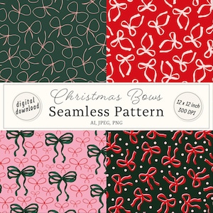 Könnte beinhalten: Ein digitaler Download mit vier nahtlosen Weihnachtsbogenmustern. Die Muster zeigen Schleifen in Rot, Grün und Rosa auf verschiedenen Hintergründen. Das Bild enthält den Text "Christmas Bows Seamless Pattern".