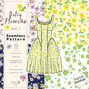 Peut inclure: Motif numérique sans couture avec une illustration de robe à fleurs jaunes. Le motif comprend divers motifs floraux avec des fleurs jaunes, violettes et vertes. L'image comprend également le texte "Ditsy Flowers Vol. 1" et "Seamless Pattern".
