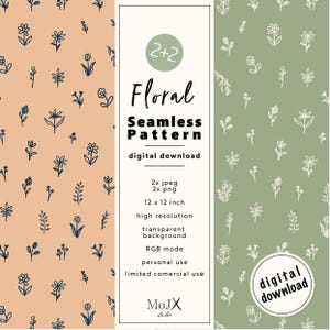 May include: Floral seamless pattern digital download. The design features two color variations: one with navy blue floral illustrations on a peach background, and another with white floral illustrations on a green background. The image includes the text "Floral Seamless Pattern".