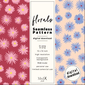 May include: Two seamless floral patterns, one with pink flowers on a burgundy background and the other with blue flowers on a peach background. The text "florals Seamless Pattern digital download" is in the center of the image.