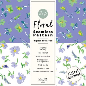 May include: Digital download featuring two floral seamless patterns. One pattern has a lavender background with green and yellow flowers, and the other has a white background with purple flowers. The image includes the text "Floral Seamless Pattern" and "digital download."