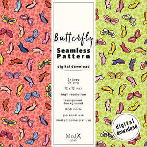 May include: A digital download featuring a seamless butterfly pattern. The design includes colorful butterflies on red and green backgrounds. The image includes the text "Butterfly Seamless Pattern" and details about the file size and usage.