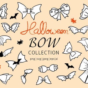 Könnte beinhalten: Eine Sammlung von Halloween-Bogen-Designs in Schwarz und Weiß, darunter fledermausförmige Bögen und Spinnen- und Fledermaus-Illustrationen. Die Worte "Halloween BOW COLLECTION" sind im Bild geschrieben.