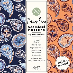 Op de afbeelding: Een digitale download van een paisley-patroon in twee kleurvariaties. Het patroon heeft een blauw en wit paisley-ontwerp op een donkerblauwe achtergrond en een perzikkleurig en wit paisley-ontwerp op een perzikkleurige achtergrond. De download bevat twee JPEG- en twee PNG-bestanden, elk 30,5 cm bij 30,5 cm, in hoge resolutie met een transparante achtergrond. Het patroon is in RGB-modus en is bedoeld voor persoonlijk en beperkt commercieel gebruik.