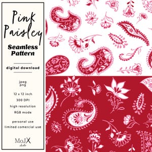 Könnte beinhalten: Digitaler Download eines nahtlosen Paisley-Musters in Rosa und Weiß. Das Design umfasst florale und Paisley-Elemente auf weißem und rotem Hintergrund. Das Bild ist 30,48 x 30,48 cm groß und hat eine hohe Auflösung.