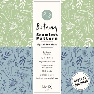 May include: A digital download of a seamless pattern featuring white botanical illustrations on a green background and blue botanical illustrations on a light blue background. The pattern is 12 inches by 12 inches and is available in JPEG and PNG formats. The text "2+2 Botany Seamless Pattern digital download" is displayed in the center of the image.